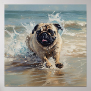 Happy Pug at the Beach Poster
