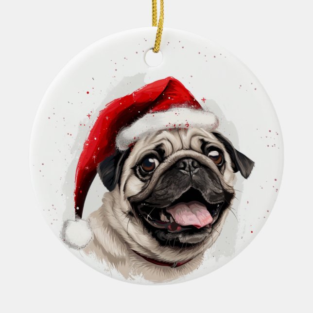 Happy Pug Dog Christmas Personalized Ceramic Tree Decoration (Front)