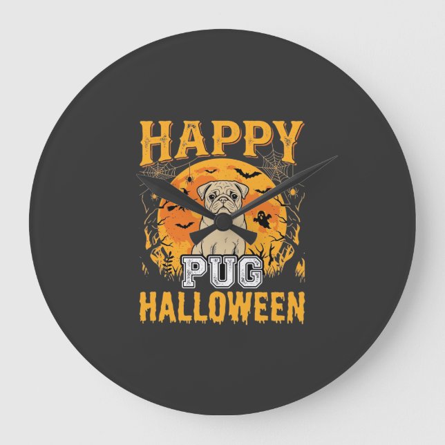 Happy Pug Halloween Spooky Dog Design_1 Large Clock (Front)
