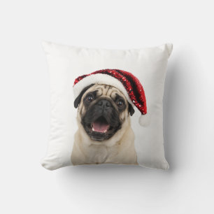 Happy Pug Wearing Sparkly Red Santa Hat Christmas Cushion