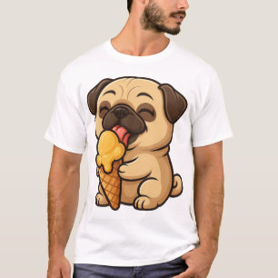 Happy pug with ice cream summer cartoon T-Shirt