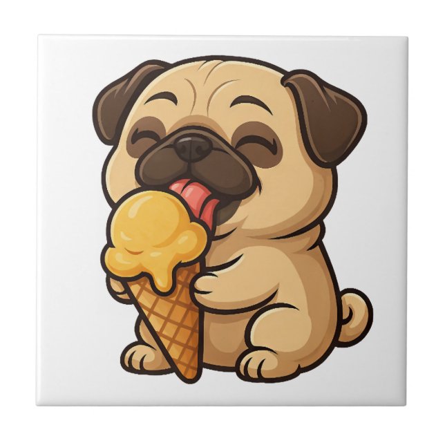 Happy pug with ice cream summer cartoon tile (Front)