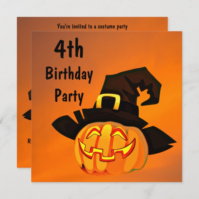 Happy Pumpkin In Witches Hat 4th Birthday Invitation (Front/Back)
