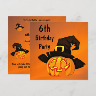 Happy Pumpkin In Witches Hat 6th Birthday Invitation