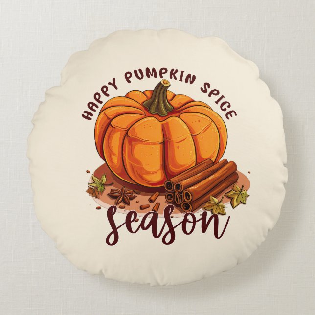 Happy Pumpkin Spice Season – Cosy Autumn Vibes Round Cushion (Front)