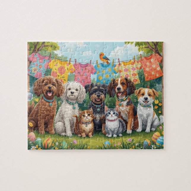 Happy Puppies and Kittens in Spring Garden Jigsaw Puzzle (Horizontal)