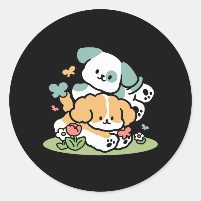 Happy Puppies Rolling Into May – Kawaii Dog Art Classic Round Sticker (Front)