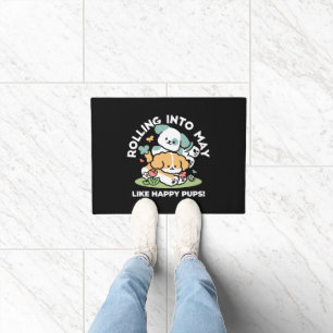 Happy Puppies Rolling Into May – Kawaii Dog Art Doormat