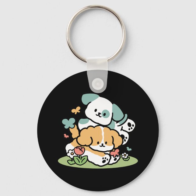 Happy Puppies Rolling Into May – Kawaii Dog Art Key Ring (Front)