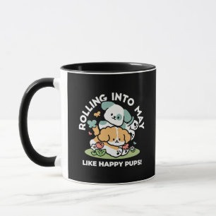Happy Puppies Rolling Into May – Kawaii Dog Art Mug