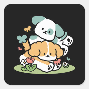 Happy Puppies Rolling Into May – Kawaii Dog Art Square Sticker