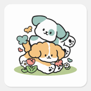 Happy Puppies Rolling Into May – Kawaii Dog Art Square Sticker