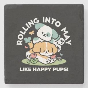 Happy Puppies Rolling Into May – Kawaii Dog Art Stone Coaster