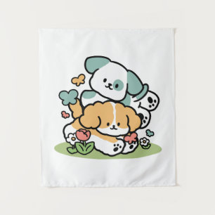 Happy Puppies Rolling Into May – Kawaii Dog Art Tapestry