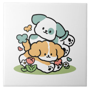 Happy Puppies Rolling Into May – Kawaii Dog Art Tile