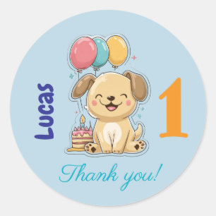 Happy Puppy, Boy, Let's Pawty, 1st Birthday  Classic Round Sticker