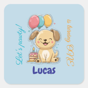 Happy Puppy, Boy, Let's Pawty, 1st Birthday  Square Sticker