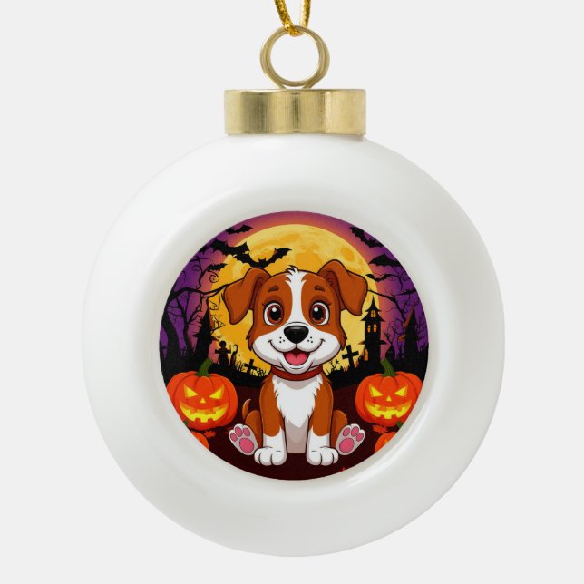 Happy Puppy in a Halloween Setting with Pumpkins Ceramic Ball Christmas Ornament (Front)