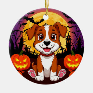 Happy Puppy in a Halloween Setting with Pumpkins Ceramic Tree Decoration