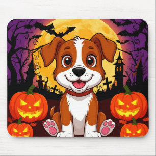 Happy Puppy in a Halloween Setting with Pumpkins Mouse Pad