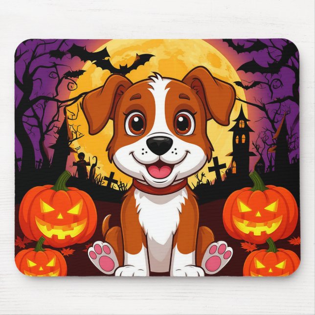 Happy Puppy in a Halloween Setting with Pumpkins Mouse Pad (Front)