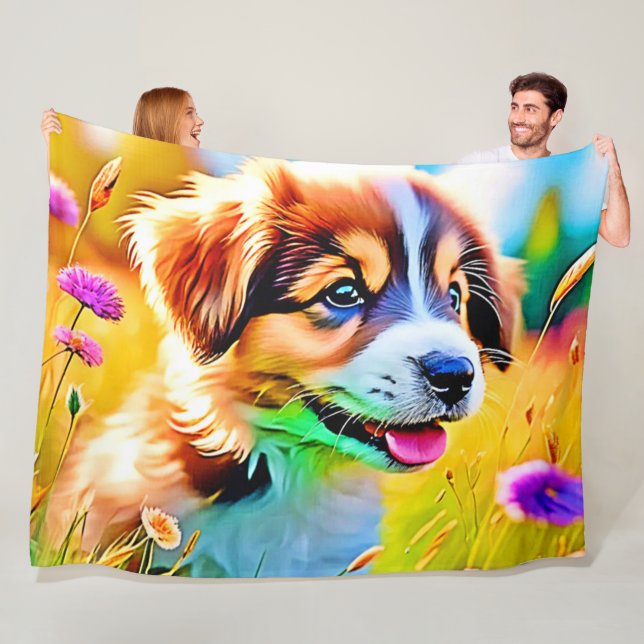 Happy Puppy Meadow Design Fleece Blanket (In Situ)