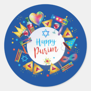 Happy Purim Basket Gifts, Decoration, Ornaments Classic Round Sticker