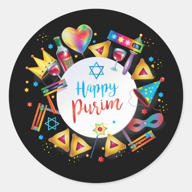 Happy Purim Basket Gifts, Decoration, Ornaments Classic Round Sticker (Front)