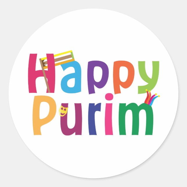 Happy Purim colourful design Classic Round Sticker (Front)