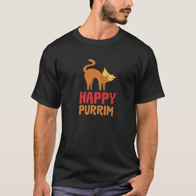 Happy Purim Costume Idea Funny Cat Hebrew Jewish H T-Shirt (Front)