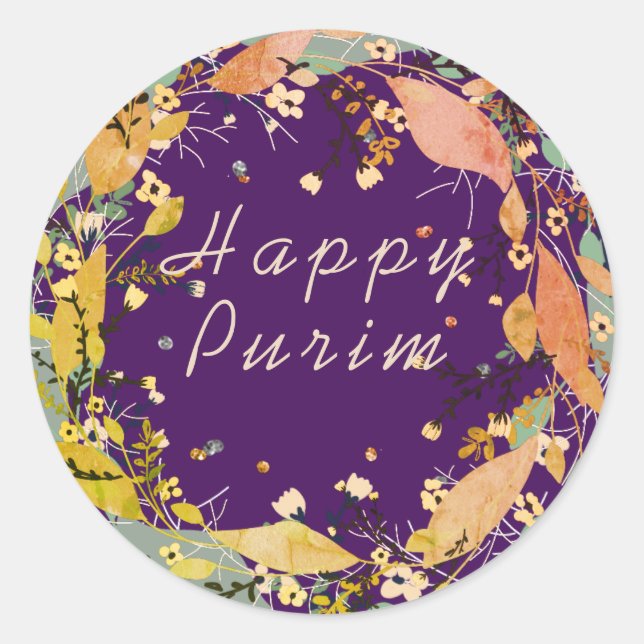 Happy Purim Customise Leafy wreath Classic Round Sticker (Front)
