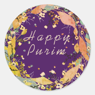 Happy Purim Customize Leafy wreath Classic Round Sticker