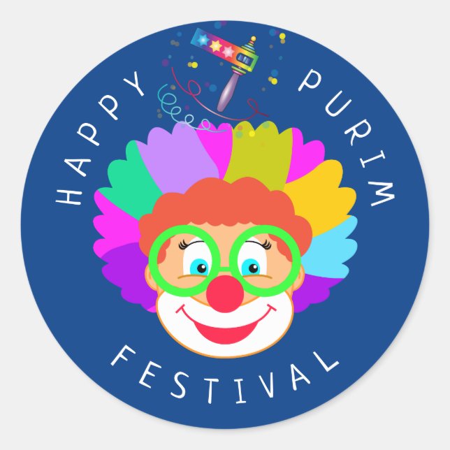 Happy Purim Festival Funny Clown Kids Party Classic Round Sticker (Front)