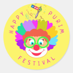 Happy Purim Festival Funny Clown Kids Party Classic Round Sticker