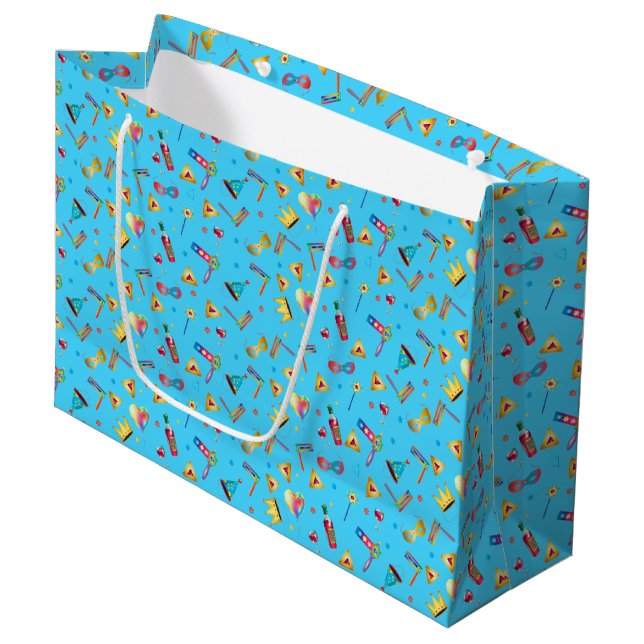Happy Purim Festival Kids Party Gifts Blue Pattern Large Gift Bag (Front Angled)