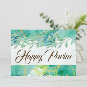 Happy Purim Flat Greeting Card Watercolor Green