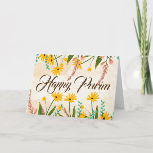 Happy Purim Folded Greeting Card Floral Yellow