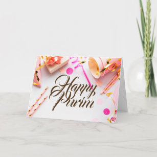 Happy Purim Folded Greeting Card Pink Pastel Party