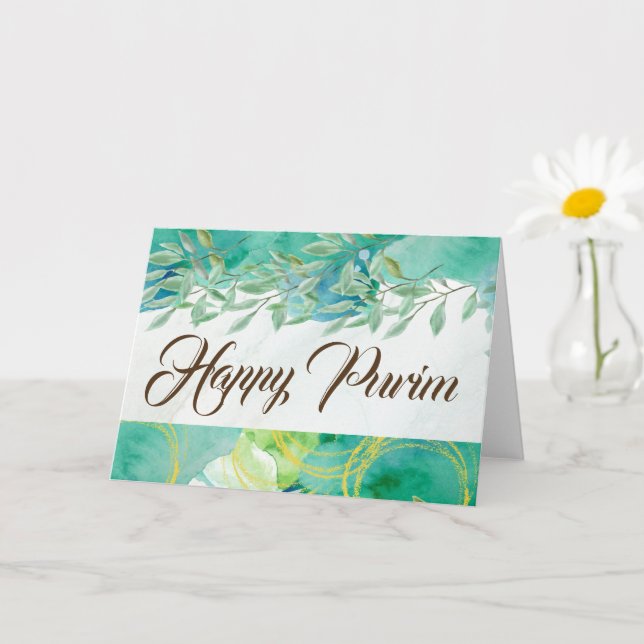 Happy Purim Folded Greeting Card Watercolor Green (Small Plant)