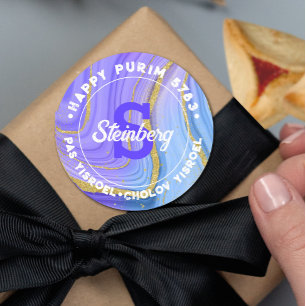 Happy Purim Kosher Info  Monogram  Agate Gold Classic Round Sticker