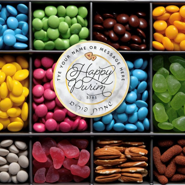 Happy Purim Marble & Gold Script Classic LARGE Round Sticker (Creator Uploaded)