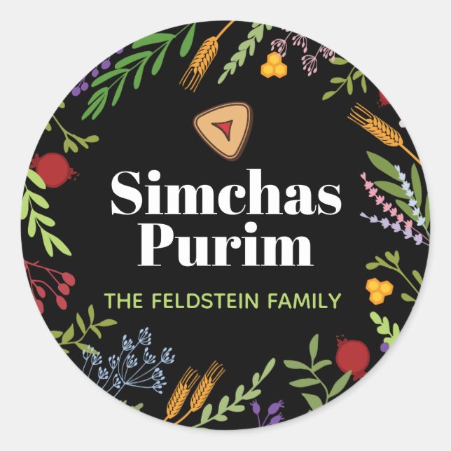  Happy Purim Personalised Round Sticker on Black (Front)