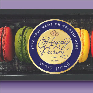 Happy Purim Purple & Gold Script Classic LARGE Round Sticker
