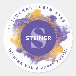 Happy Purim Purple Personalised Monogram Classic Round Sticker
