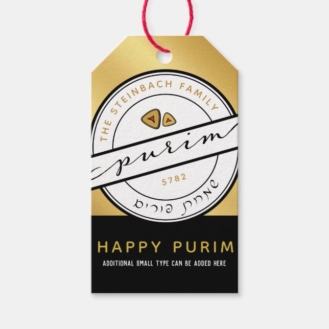 HAPPY PURIM Script Personalised Gold Gift Tag (Front)