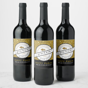 HAPPY PURIM Script Personalised Gold Glitter Wine Label
