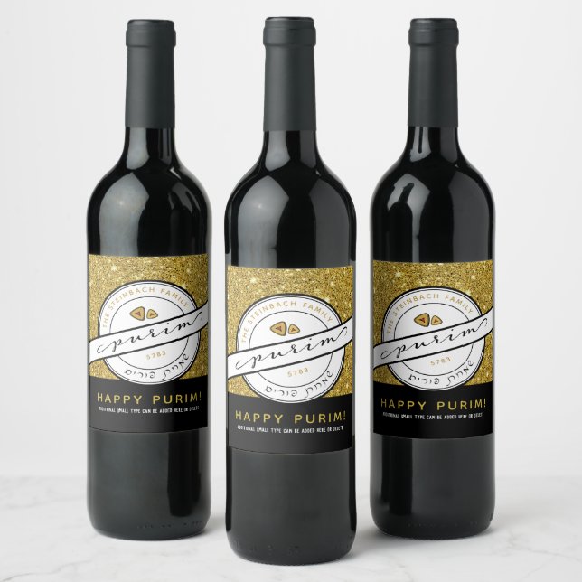 HAPPY PURIM Script Personalised Gold Glitter Wine Label (Bottles)