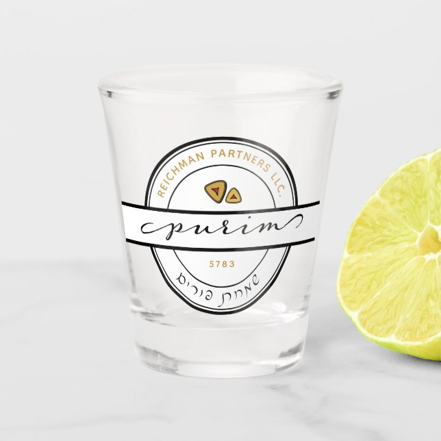 HAPPY PURIM  Script Purim Shot Glass with Gold (Front)