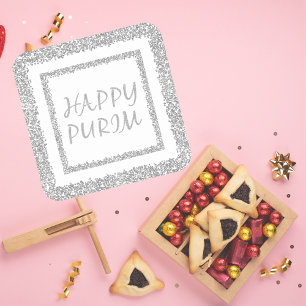 Happy Purim Silver Glitter Mishloach Manot Square Sticker