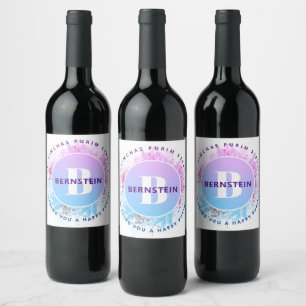  Happy Purim Watercolor Glitter Blue Monogram Wine Label